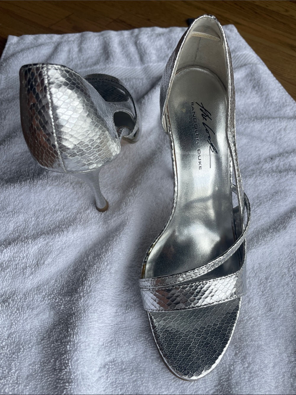 Nanette Lepore Silver Snake-Embossed Cross-Strap Open-Toe Stilettos